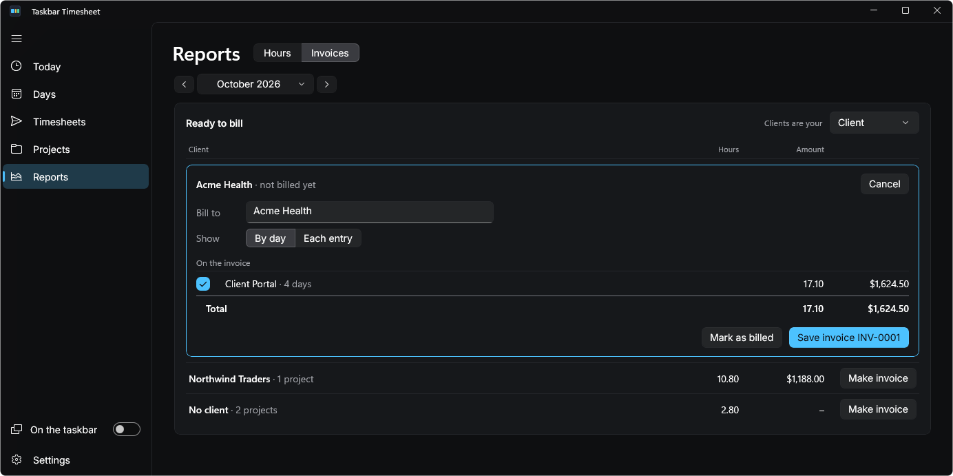 Making an invoice for a client on the Reports page