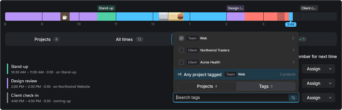 A meeting given to any project tagged Team Web, picked from the tags list