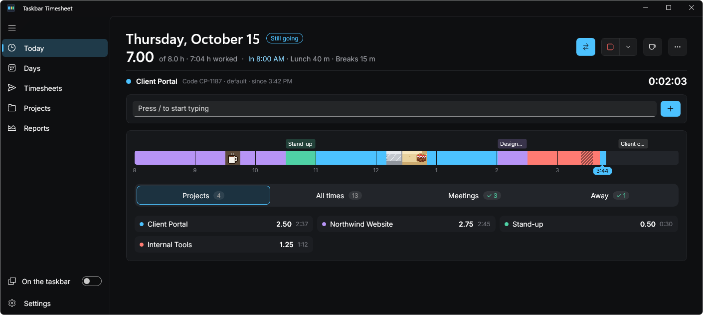 The Today page: a day bar of projects with a lunch, a coffee break and meetings above it, and the hours by project